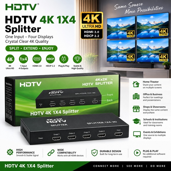 HDTV 4K 1×4 HDMI Splitter – High-Quality 4K Video Distribution
