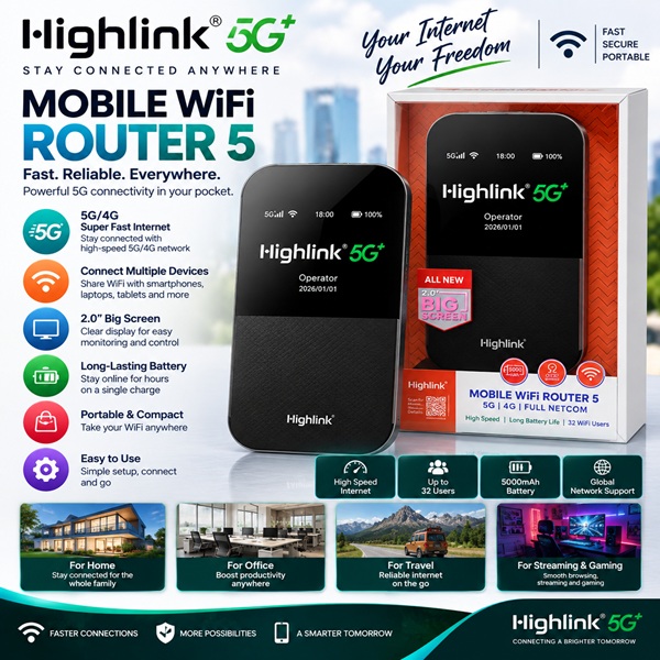 Highlink 5G+ Mobile WiFi Router 5 – 5G/4G | 2.0" Big Screen | 5000mAh Battery | 32 Users