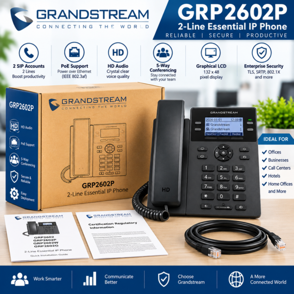 Grandstream GRP2602P 2-Line Essential IP Phone – PoE VoIP Desk Phone