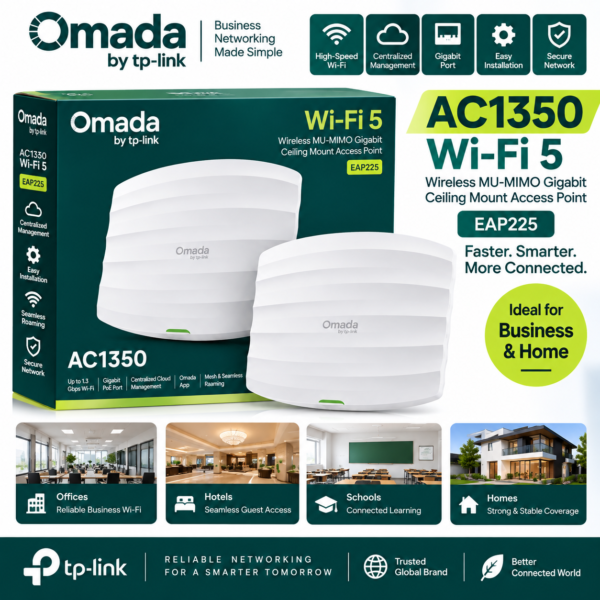 TP-Link Omada EAP225 AC1350 Wi-Fi 5 Wireless MU-MIMO Gigabit Ceiling Mount Access Point