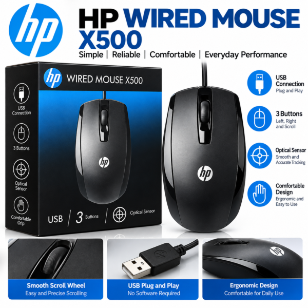 HP Wired Mouse X500 – USB Optical Mouse
