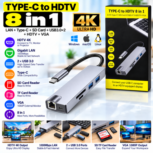 Type-C to HDTV 8-in-1 USB-C Hub – 4K HDMI, VGA, Gigabit LAN & Card Reader