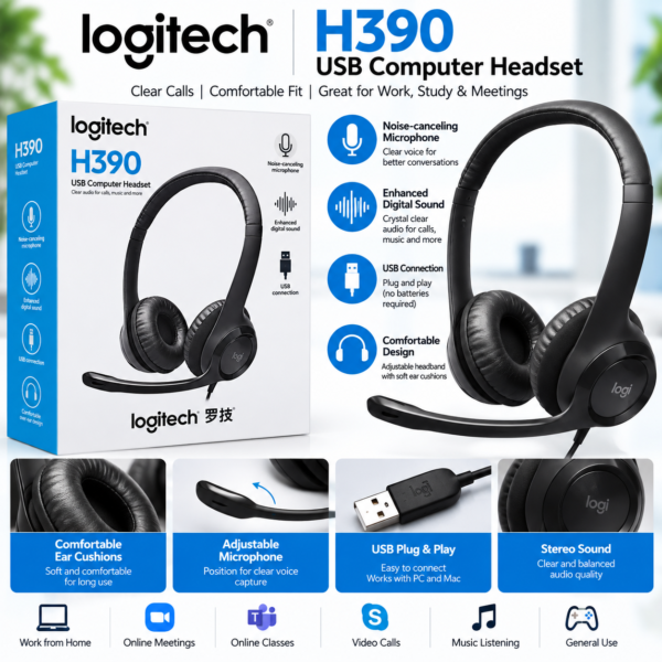 Logitech H390 USB Computer Headset – Noise-Cancelling Microphone