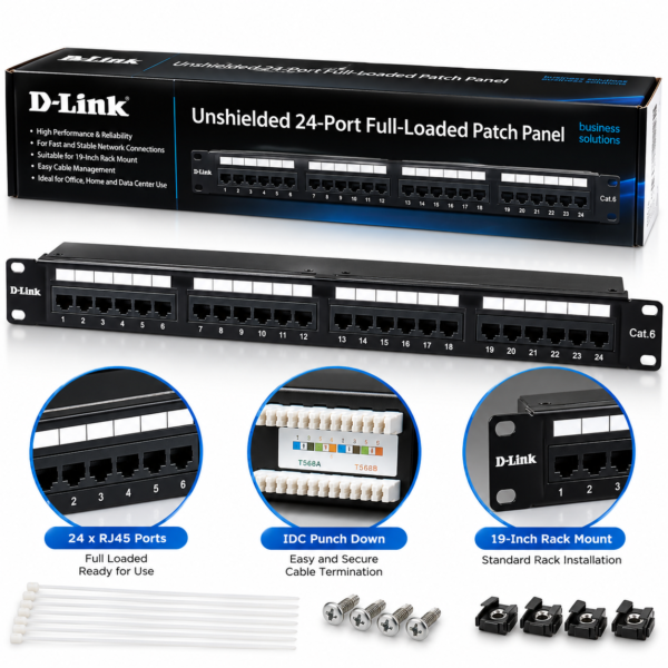 D-Link Unshielded 24-Port Full-Loaded Cat6 Patch Panel