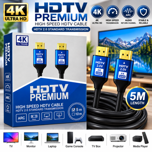 HDTV Premium High-Speed HDMI Cable 5M – 4K Ultra HD, HDTV 2.0 & ARC