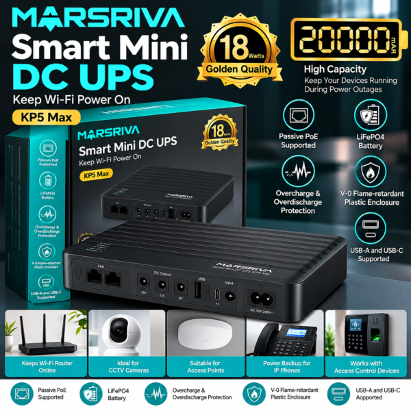 Marsriva Smart Mini DC UPS KP5 Max – 20,000mAh, 18W