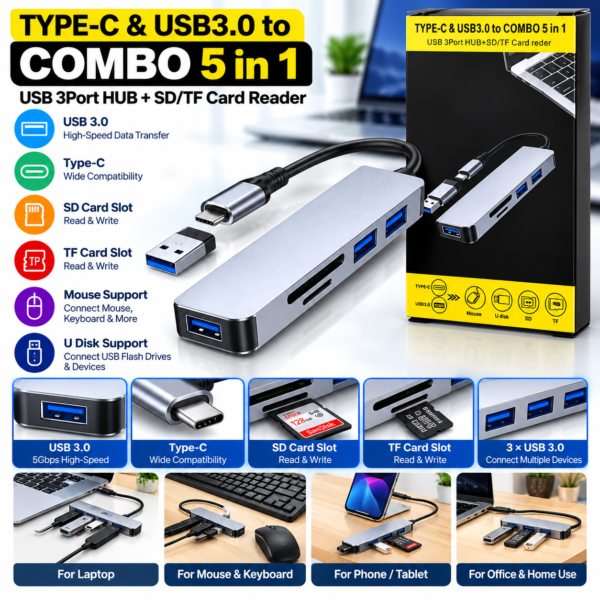 Type-C & USB 3.0 Combo 5-in-1 USB Hub with SD/TF Card Reader